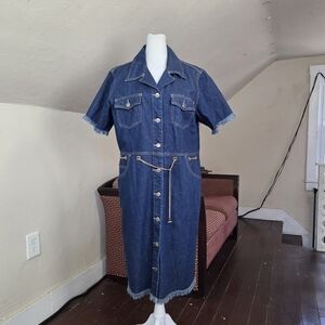 Baccini Sparkle Denim Shirt Dress L Gold Chain Belt Fringe Hem Retro Style